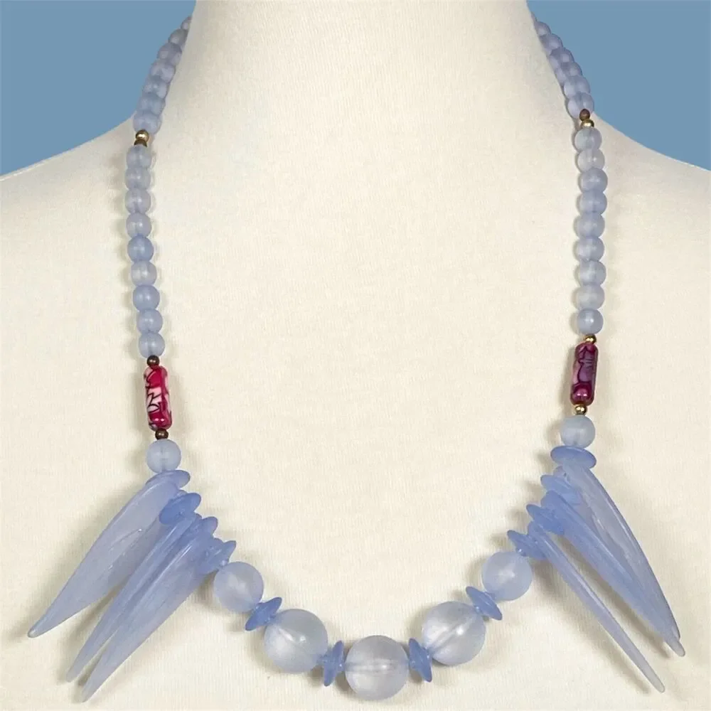 Vintage Frosted Acrylic Necklace Blue Chunky Beaded Leaf Shapes Retro Unique MCM